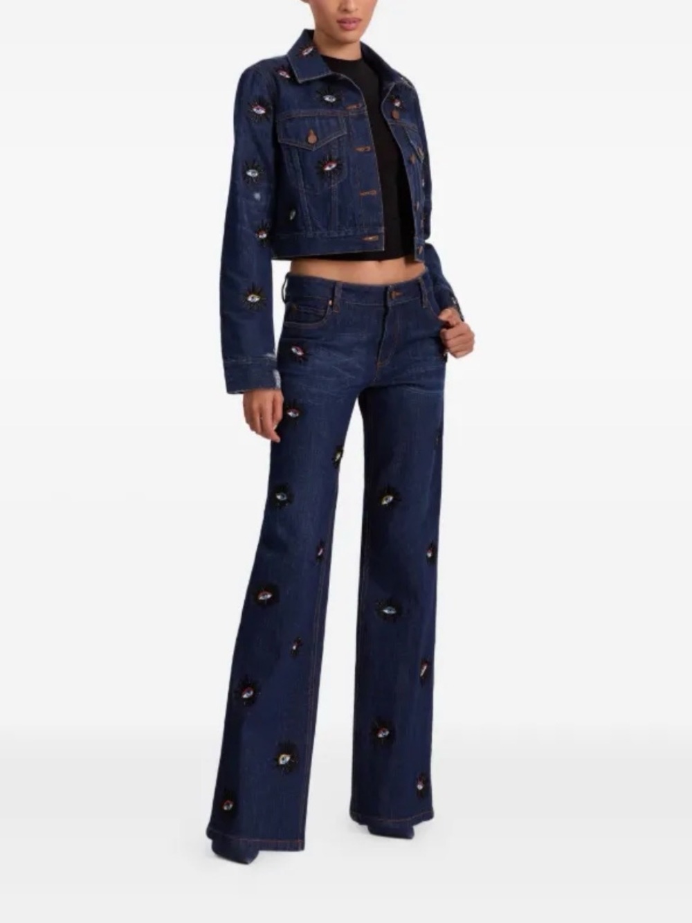 Alice + Olivia Dark Blue Eye-Embellished Straight-Leg Jeans